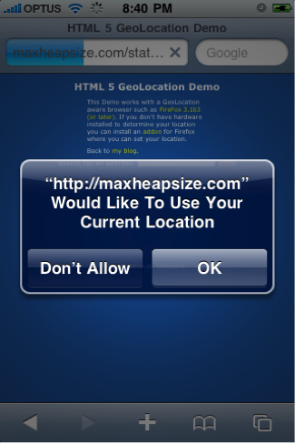 Figure 1 - Geolocation API behaviour on an iPhone
