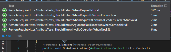 Figure: 5 of 5 passing tests are all for RemoteRequireHttpsAttribute ActionFilter.